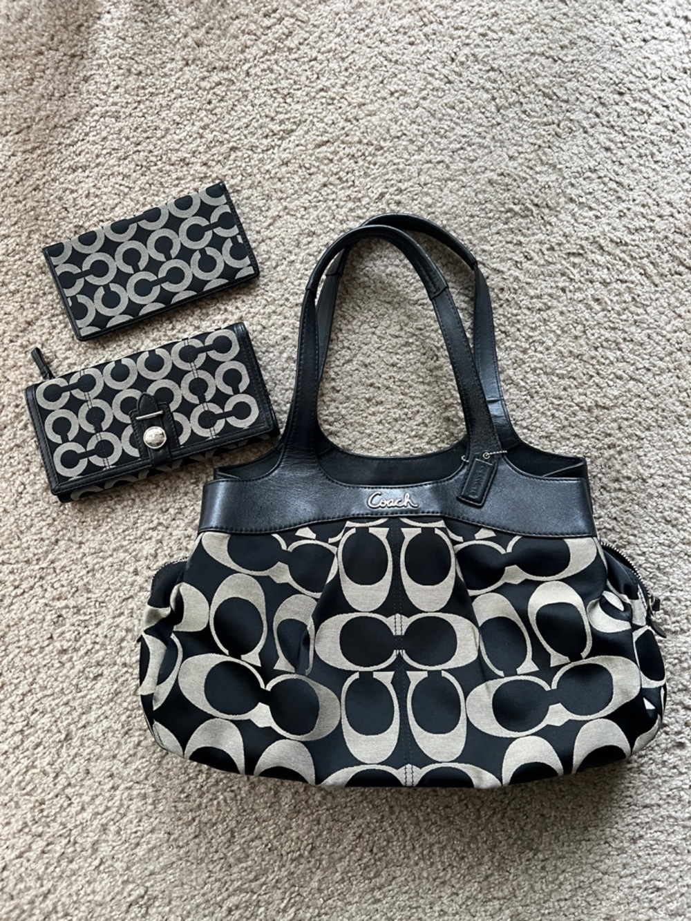 Authentic Coach Black & Gray Signature Lexi Tote and matching wallet/checkbook